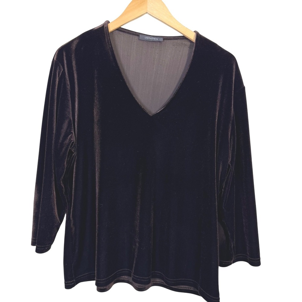 Vintage Jonden Womens Velour Top XL Long‎ Sleeve V Neck Chocolate Brown Stretchy
